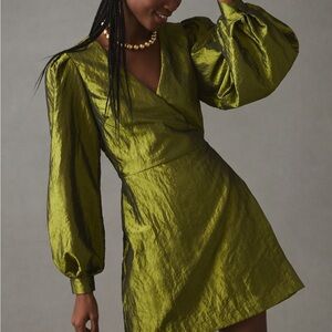 BY ANTHROPOLOGIE PUFF-SLEEVE TAFFETA WRAP DRESS